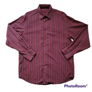 Indigo Palms Mens Cranberry Red Striped Long Sleeve Button Up Dress Shirt Medium